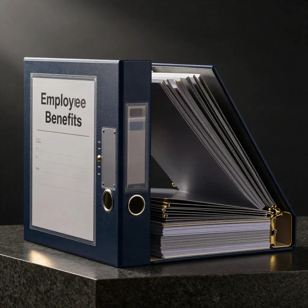 Matte navy binder with brass clips on dark stone, opened in misty dawn light.