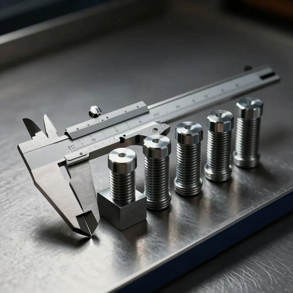 Calipers, steel fasteners, and a graphite gauge block on brushed metal under hard side light.