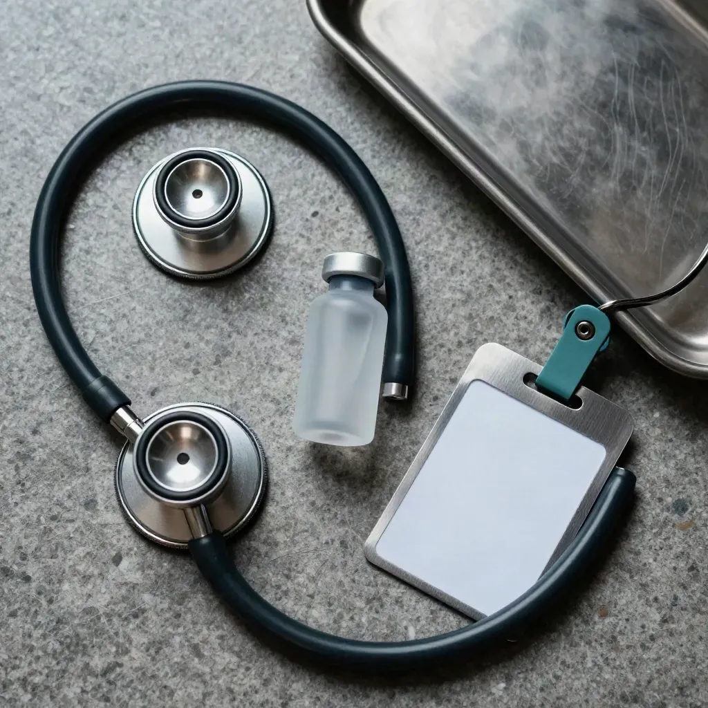Top-down healthcare still life with stethoscope coil, specimen vial and badge reel on cool stone.