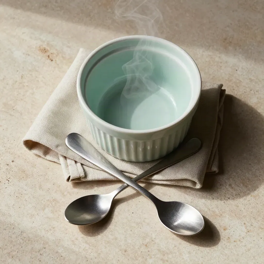 Overhead still life of a ceramic ramekin, linen, and crossed tasting spoons on pale stone.