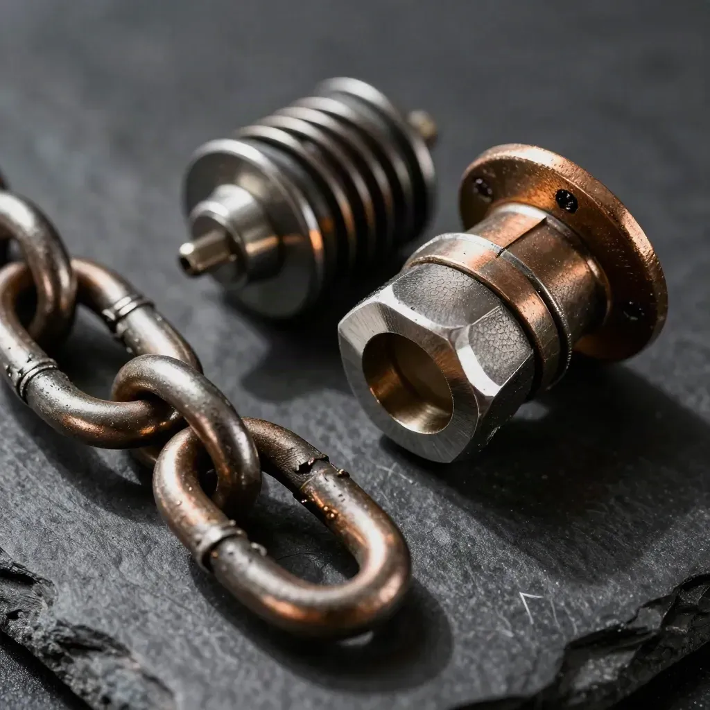 Macro still life of bronze, steel chain link, and relay coil on dark slate