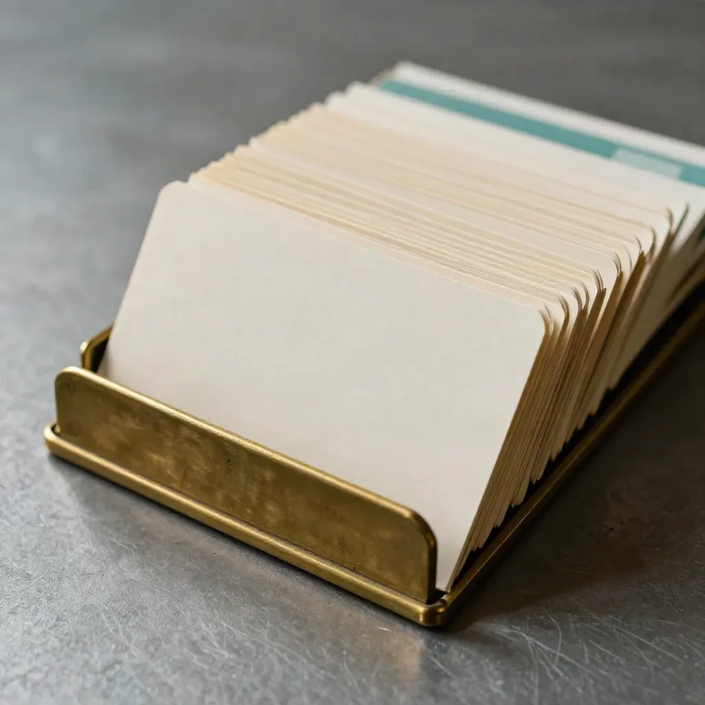 Brass card holder with fanned blank cards and a teal divider on brushed graphite metal.