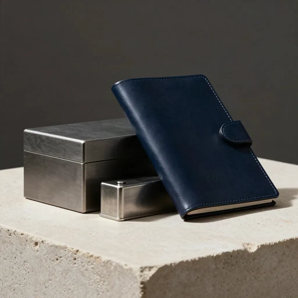 Graphite folio, steel paperweights, and document box on stone in dramatic studio light.