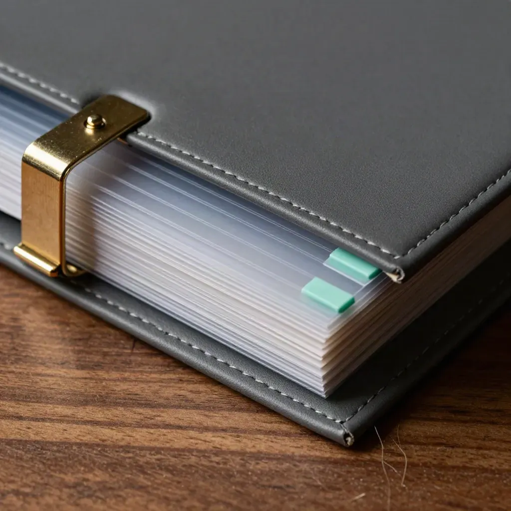 Macro still life of a binder shell, clear sleeve, brass clip and mint tabs on walnut surface.