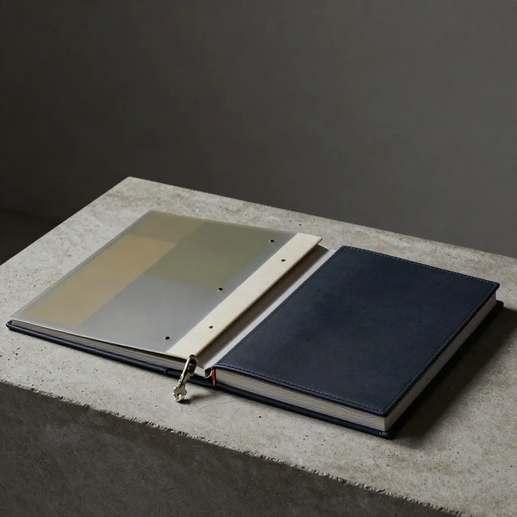 Opened comparison binders with swatches on a stone plinth under dramatic studio light.