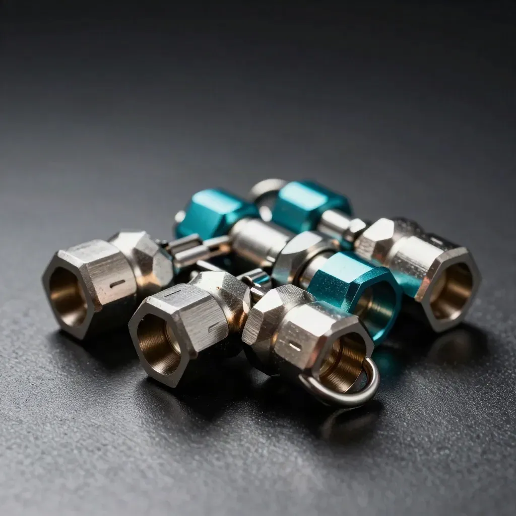 Macro of machined connectors, ferrules and ring clips aligned on brushed aluminum.