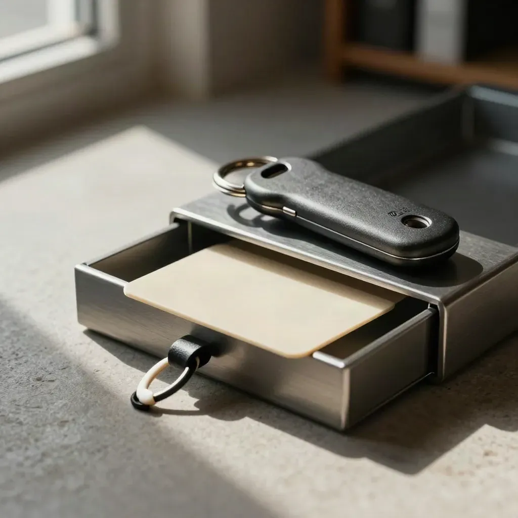 Access card slides into a compact tray beside a key fob on a graphite surface.