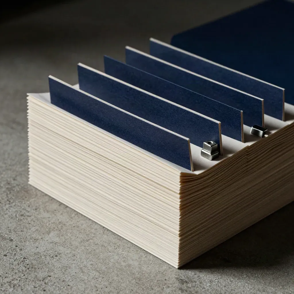 Macro of tabbed file dividers, steel fasteners, and archive weights on stone.