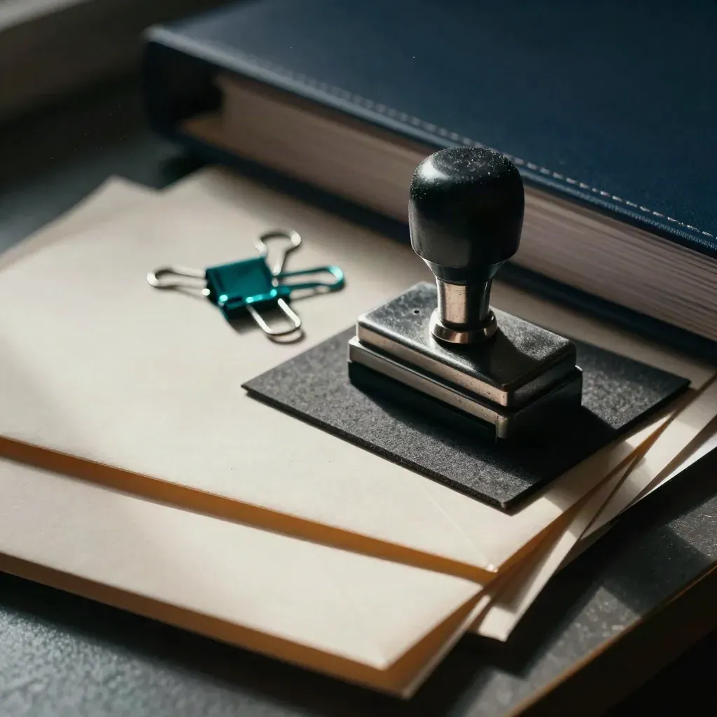 Macro HR files with date stamp, teal clips, sealed envelopes, seen through a blurred binder spine.