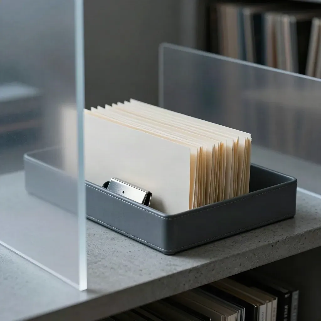 Graphite tray, keycard sleeve, and stacked folders on a cool concrete shelf