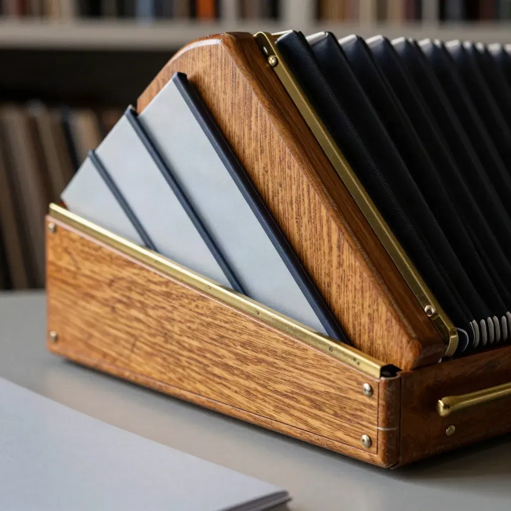 Accordion file case with three slim sleeves and a brass rail in warm light.