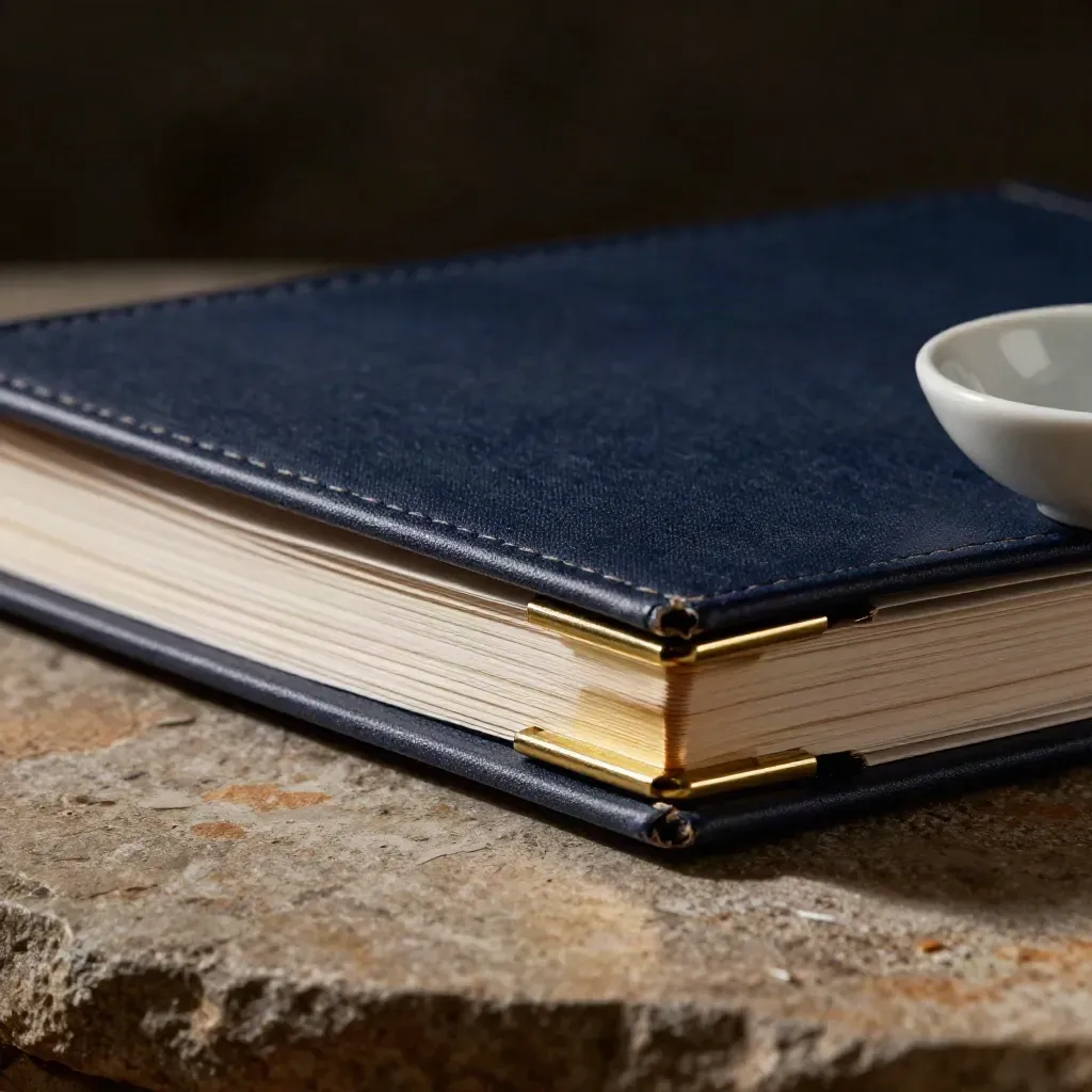 Navy benefits binder with brass clips and a turned ceramic cup on warm stone.