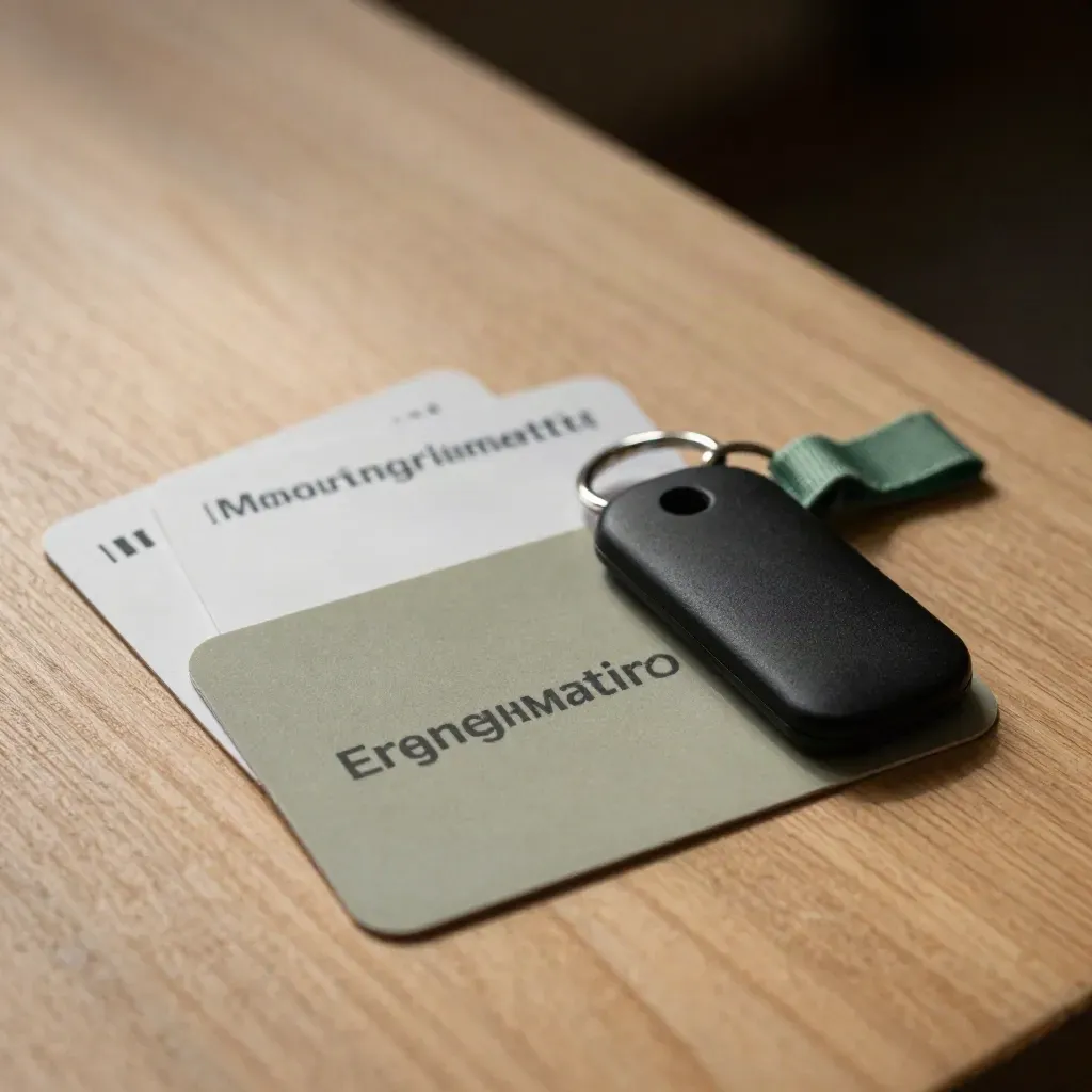 Face-down benefit cards, key fob, and folded envelope on pale wood under dramatic light.