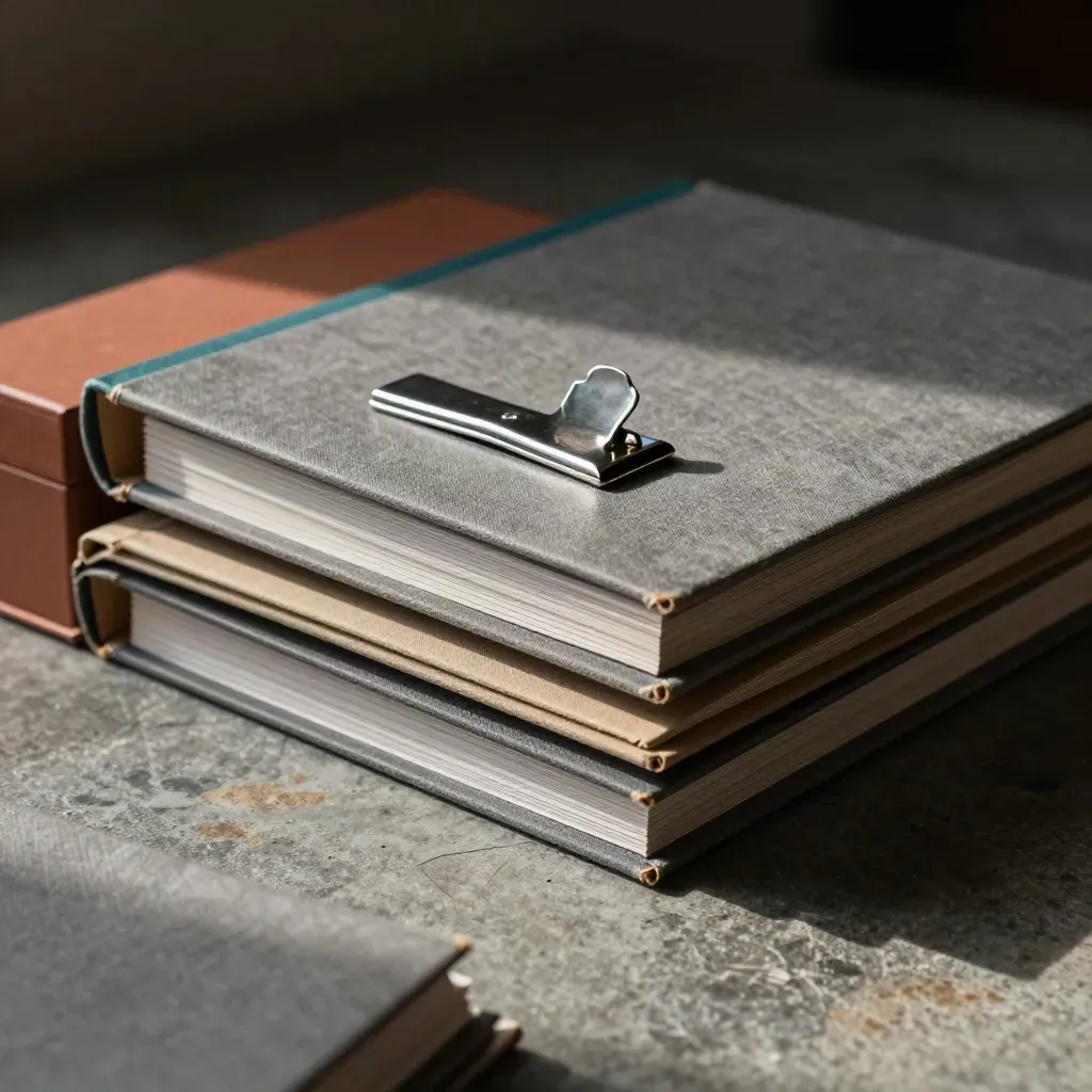 Stacked client folders, metal clip, and archive box on brushed stone with teal accent