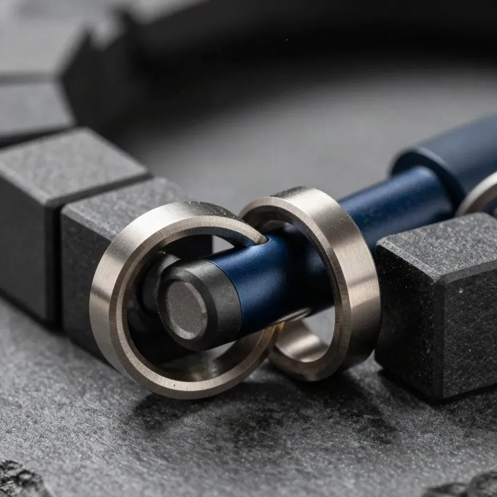 Macro still life of interlocking metal rings and modular connectors on a graphite surface.