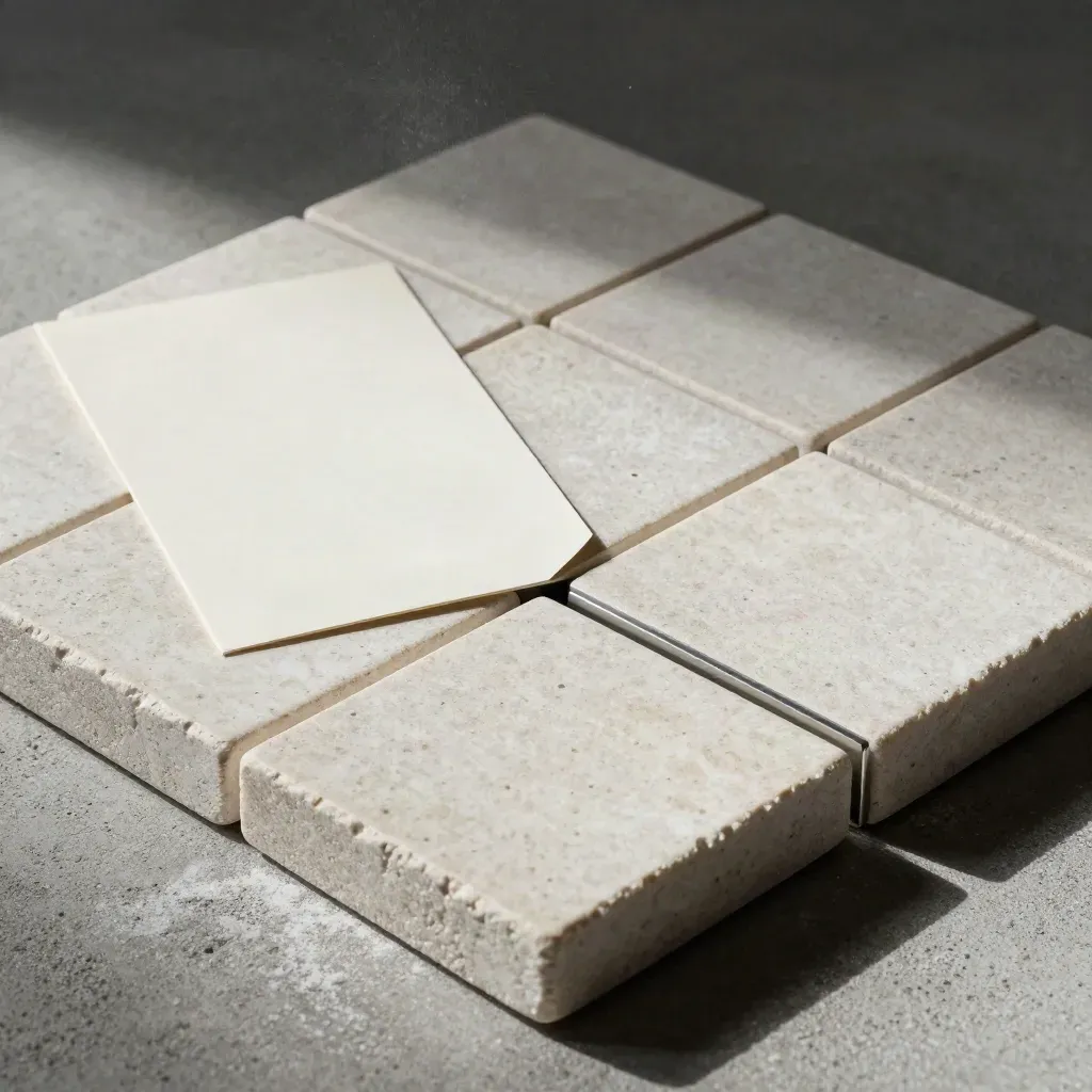 Square stone tiles, cream card, and slim metal clip on concrete, lit from upper left.