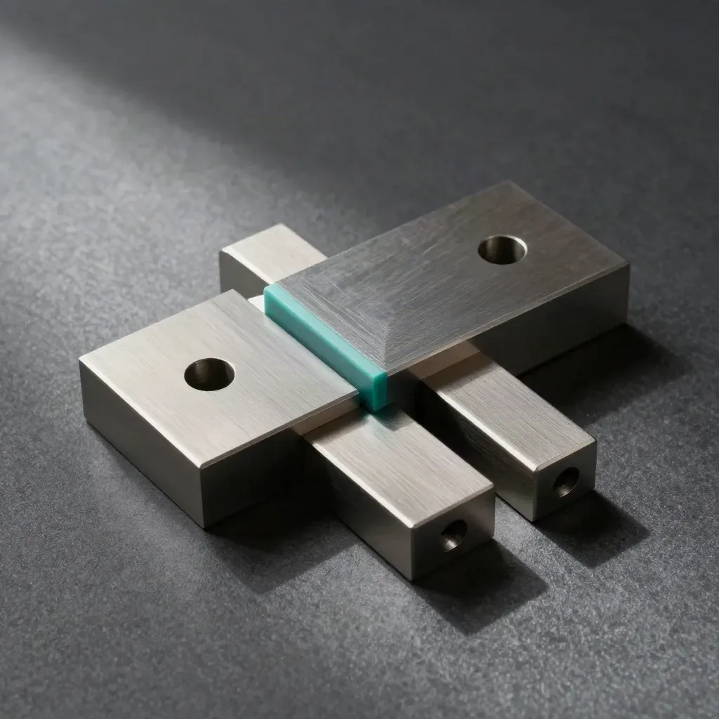 Brushed-metal blocks and bridge plate with a teal accent on a matte graphite surface.