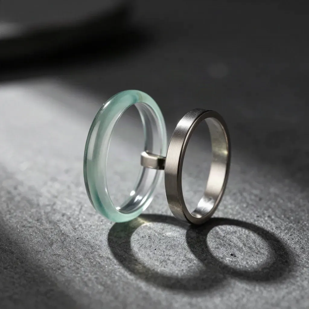 Glass discs and metal rings aligned on graphite stone with soft mint reflections.